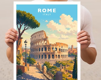 May include: A print featuring the Colosseum in Rome, Italy, under a bright blue sky with fluffy clouds. The artwork showcases the ancient amphitheater in warm tones, with the text "ROME ITALY" at the top.