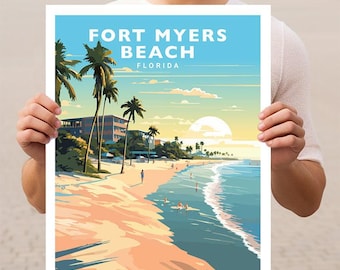 May include: A colorful illustration of a beach scene with palm trees, a building, and people on the beach. The text "FORT MYERS BEACH FLORIDA" is at the top of the image.