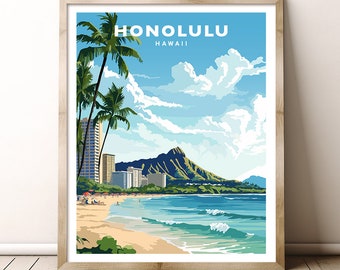 Honolulu Hawaii Waikiki Beach Oahu Travel Wall Art Poster Print