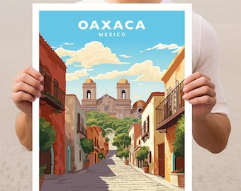Könnte beinhalten: Ein Druck mit einer farbenfrohen Straßenszene in Oaxaca, Mexiko, unter einem strahlend blauen Himmel mit flauschigen Wolken. Das Kunstwerk zeigt Gebäude in Rot-, Orange- und Gelbtönen, mit einer Kirche im Hintergrund. Das Wort "OAXACA" ist oben aufgedruckt.