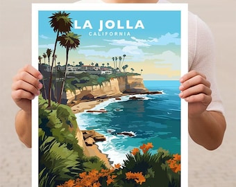 Puede incluir: Un cartel de viaje de estilo vintage con una vista panorámica de La Jolla, California. El cartel representa una costa rocosa con agua turquesa, palmeras y un vibrante arbusto de flores naranjas en primer plano. El texto "LA JOLLA CALIFORNIA" se muestra en negrita, en blanco.