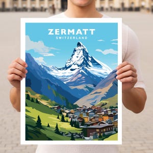 Póster de viaje de los Alpes suizos al monte Cervino, Zermatt, Suiza