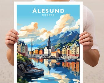 May include: A colorful illustration of the city of Ålesund, Norway, with a view of the harbor and surrounding mountains. The text "Ålesund, Norway" is printed at the top of the image.