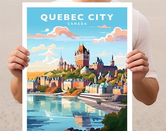 Puede incluir: Un cartel de viaje vintage con una ilustración colorida de la ciudad de Quebec, Canadá. El cartel representa la ciudad con el hotel Château Frontenac en el centro, rodeado de otros edificios y un río.