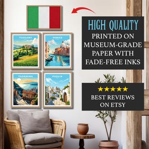 May include: Four framed prints of Italian cities, including Tuscany, Venice, Taormina, and Puglia. The prints are in a vintage style with colorful illustrations and text. The prints are hanging on a white wall in a living room setting.