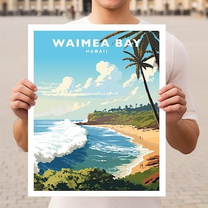 May include: A vintage travel poster featuring a scenic view of Waimea Bay, Hawaii. The poster depicts a turquoise blue ocean with white waves crashing on a sandy beach. Lush green foliage and palm trees line the shore. The text "Waimea Bay, Hawaii" is printed in white at the top of the poster.