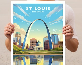 May include: A colorful illustration of the St. Louis Arch in Missouri. The arch is reflected in the water below, with buildings and trees in the background.