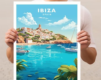 May include: A colourful illustration of a coastal town in Ibiza, Spain. The town is built on a hillside overlooking a turquoise bay with boats and yachts. The sky is blue with white clouds.
