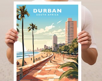 May include: A colourful illustration of the Durban beachfront in South Africa. The image features palm trees, a sandy beach, a boardwalk, and tall buildings in the background. The text "DURBAN SOUTH AFRICA" is displayed at the top of the image.