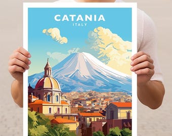 May include: A vintage travel poster featuring a colorful illustration of Catania, Italy, with Mount Etna in the background. The poster features a blue sky with white clouds, a cityscape with a church, and a snow-capped mountain.