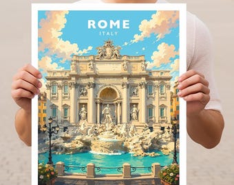 May include: A print featuring the Trevi Fountain in Rome, Italy, under a blue sky with fluffy clouds. The artwork showcases the fountain's architecture, sculptures, and turquoise water, with the words "ROME ITALY" at the top.
