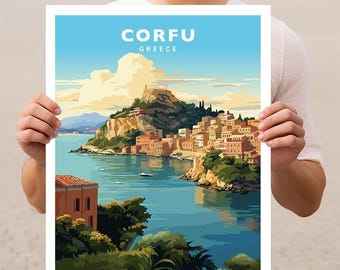 May include: A vintage travel poster featuring a colorful illustration of Corfu, Greece. The poster depicts a picturesque harbor with a town nestled on a hillside, surrounded by lush greenery and a clear blue sea.