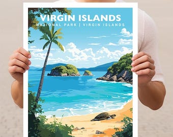 May include: A colorful illustration of a beach scene with a palm tree, turquoise water, and a sea turtle on the sand. The text "VIRGIN ISLANDS NATIONAL PARK | VIRGIN ISLANDS" is at the top of the image.