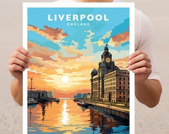 May include: A colorful illustration of the Liverpool waterfront at sunset. The iconic Liver Building is featured in the foreground, with the River Mersey in the background. The text "LIVERPOOL ENGLAND" is at the top of the image.