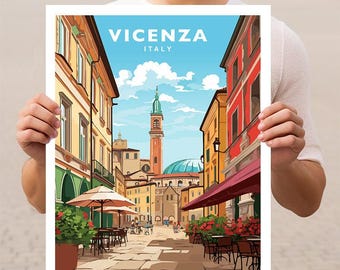May include: A colorful illustration of a street scene in Vicenza, Italy. The image features a narrow street lined with buildings, a church with a dome, and a cafe with tables and chairs. The text "VICENZA ITALY" is at the top of the image.