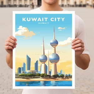 May include: A vintage travel poster featuring a colourful illustration of Kuwait City, Kuwait. The poster features the iconic Kuwait Towers, a blue sky with white clouds, and a waterfront scene.