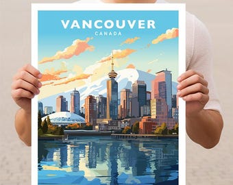 May include: A colorful illustration of the Vancouver skyline with the words "Vancouver, Canada" at the top. The illustration features the city's iconic buildings, including the Harbour Centre Tower, the Canada Place, and the Vancouver Convention Centre. The illustration also features a body of water with reflections of the buildings.