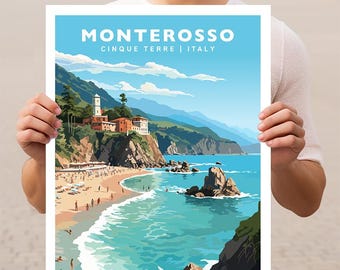 May include: A colorful illustration of a beach scene in Monterosso al Mare, Italy. The image features a sandy beach, clear blue water, and a small town built into the hillside. The text "MONTEROSSO CINQUE TERRE | ITALY" is at the top of the image.