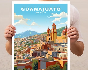 Könnte beinhalten: Eine farbenfrohe Illustration der Stadt Guanajuato, Mexiko. Das Bild zeigt eine große Kirche mit zwei Türmen und eine Stadtlandschaft im Hintergrund. Der Text "Guanajuato, Mexiko" ist oben auf dem Bild gedruckt.