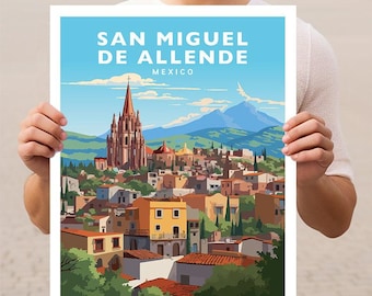 Könnte beinhalten: Eine farbenfrohe Illustration von San Miguel de Allende, Mexiko. Das Bild zeigt eine große Kirche mit einem hohen Kirchturm, umgeben von bunten Gebäuden und üppigem Grün. Der Text "San Miguel de Allende, Mexiko" ist oben auf dem Bild gedruckt.