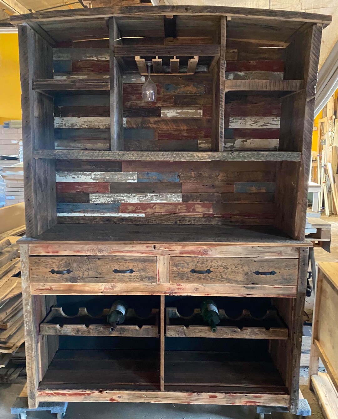 2 Piece Reclaimed Rustic Barnwood Wine Hutch Buffett, Reclaimed Barnwood Wine Glass Hutch