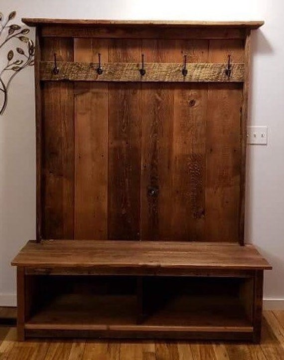 Reclaimed Rustic Barnwood Halltree, Reclaimed Rustic Barnwood Coat Rack,  Reclaimed Rustic BarnWood Entryway Bench