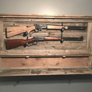 Rustic Dual Gun Rack w/ Ammo Storage, Reclaimed Wood Gun Rack, Railroad Spike Knobs, Railroad Spike Hanging Hooks, Hinged Cabinet Door image 2