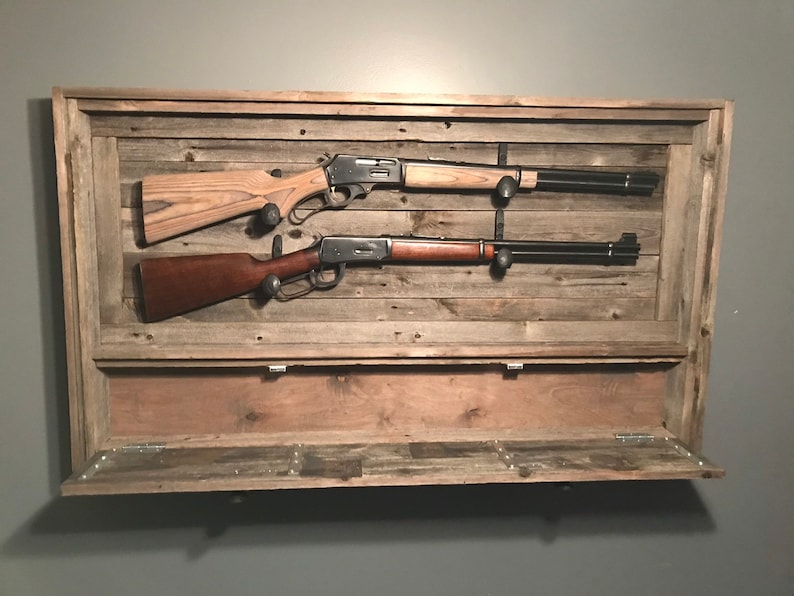 Rustic Dual Gun Rack w/ Ammo Storage, Reclaimed Wood Gun Rack, Railroad Spike Knobs, Railroad Spike Hanging Hooks, Hinged Cabinet Door image 2