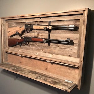 Rustic Dual Gun Rack w/ Ammo Storage, Reclaimed Wood Gun Rack, Railroad Spike Knobs, Railroad Spike Hanging Hooks, Hinged Cabinet Door image 4