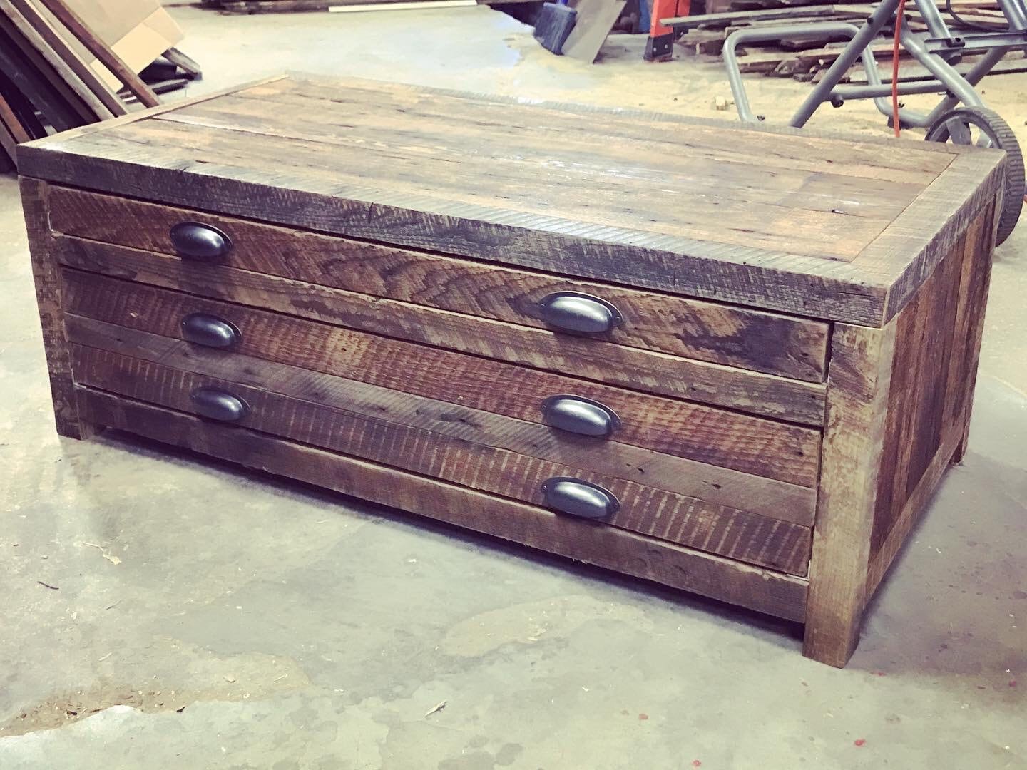 Reclaimed Rustic Barnwood Coffee Table Faux Map Drawer Chest