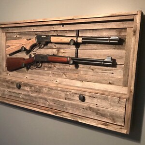 Rustic Dual Gun Rack w/ Ammo Storage, Reclaimed Wood Gun Rack, Railroad Spike Knobs, Railroad Spike Hanging Hooks, Hinged Cabinet Door image 3