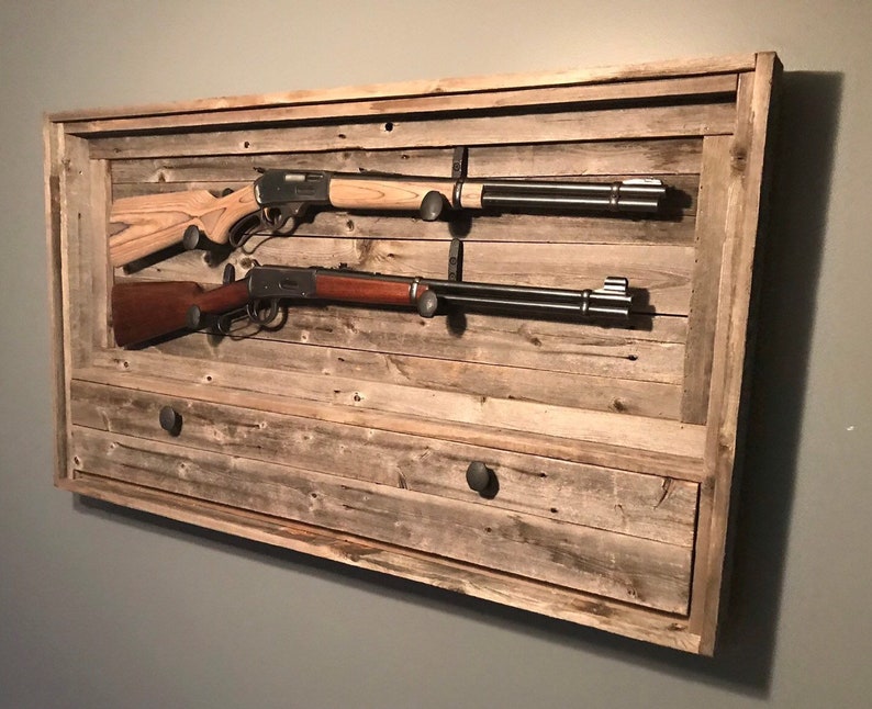 Rustic Dual Gun Rack w/ Ammo Storage, Reclaimed Wood Gun Rack, Railroad Spike Knobs, Railroad Spike Hanging Hooks, Hinged Cabinet Door image 3