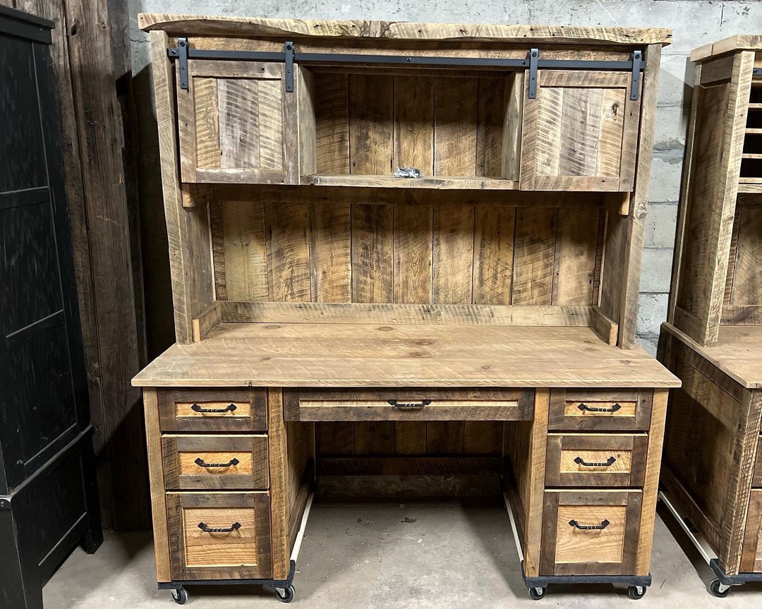 Rustic Barnwood Desk Hutch Top Combo, Reclaimed Barnwood Office Furniture, Reclaimed Primitive