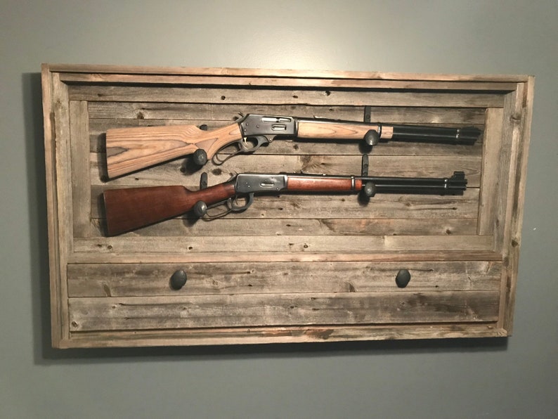 Rustic Dual Gun Rack w/ Ammo Storage, Reclaimed Wood Gun Rack, Railroad Spike Knobs, Railroad Spike Hanging Hooks, Hinged Cabinet Door image 1