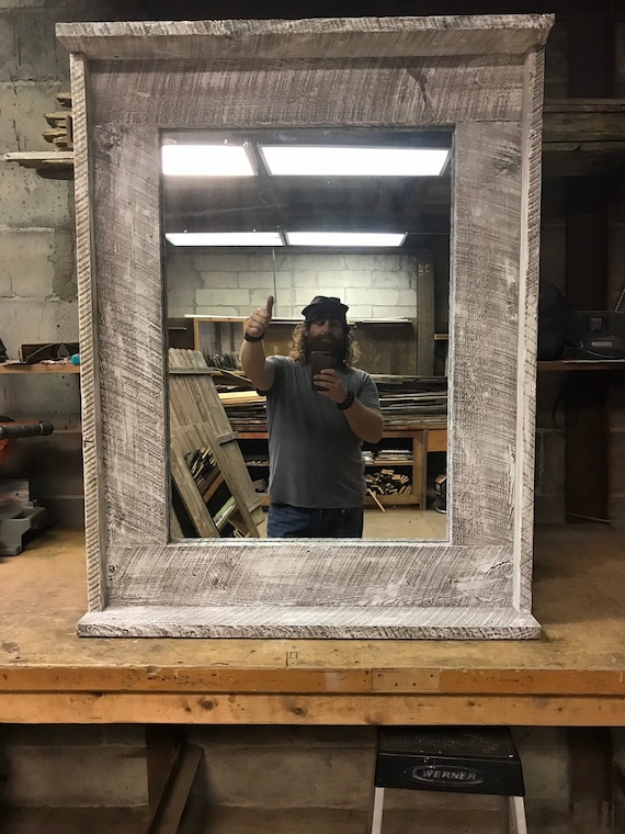 Farmhouse Mirror Whitewashed Distressed Reclaimed Barnwood White Framed W Shelf