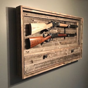 Rustic Dual Gun Rack w/ Ammo Storage, Reclaimed Wood Gun Rack, Railroad Spike Knobs, Railroad Spike Hanging Hooks, Hinged Cabinet Door image 5