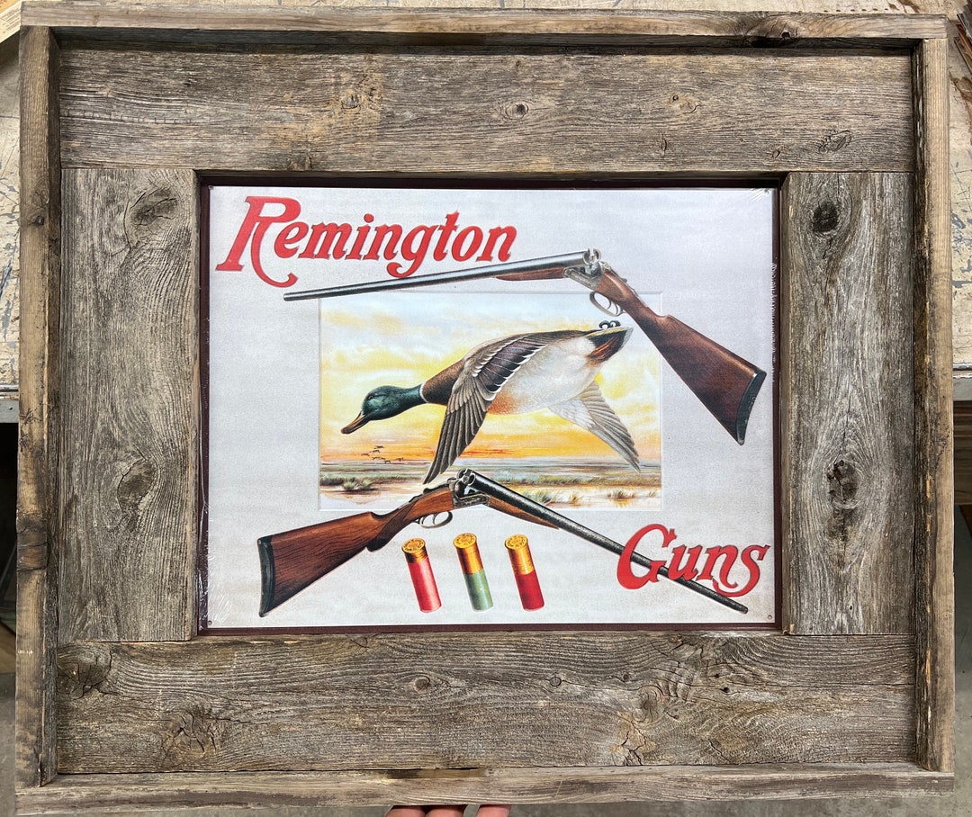 Remington Arms Co. Duck Hunting Tin Sign W/ Rustic Reclaimed Wood Double Framed, Reclaimed Wood