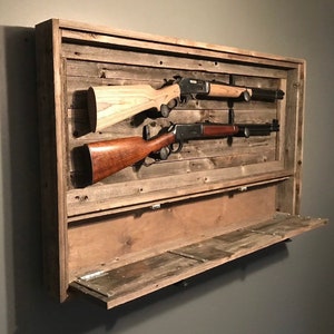 Rustic Dual Gun Rack w/ Ammo Storage, Reclaimed Wood Gun Rack, Railroad Spike Knobs, Railroad Spike Hanging Hooks, Hinged Cabinet Door image 6