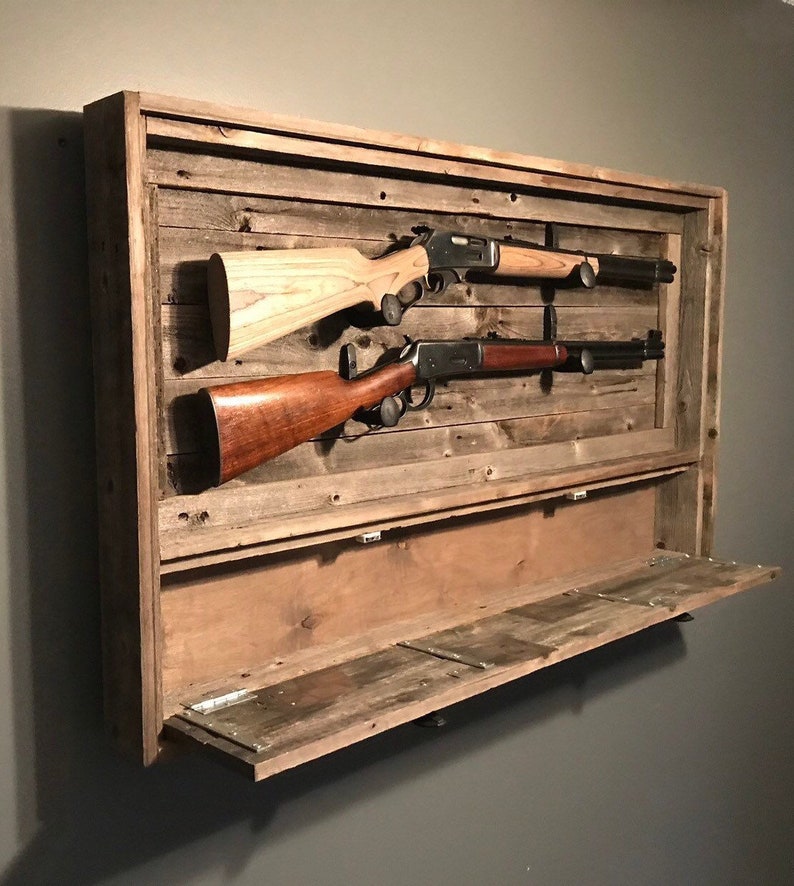 Rustic Dual Gun Rack w/ Ammo Storage, Reclaimed Wood Gun Rack, Railroad Spike Knobs, Railroad Spike Hanging Hooks, Hinged Cabinet Door image 6