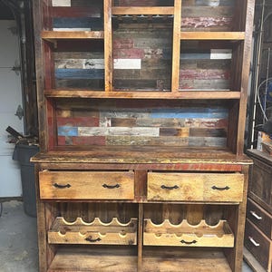 2 Piece Reclaimed Rustic Barnwood Wine Hutch Buffett, Reclaimed Barnwood Wine Glass Hutch, Reclaimed Barnwood Wine Bottle Buffett Cabinet