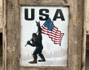 USA Sasquatch Tin Sign w/ Rustic Reclaimed Wood Double Framed, Reclaimed Wood Tin Sign Framed