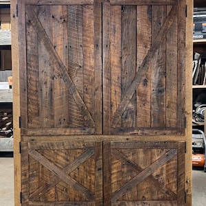 Rustic Reclaimed Barnwood Pantry Hutch Cabinet, Weathered Barn Doors