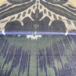 Puede incluir: Tela ikat azul y verde sobre fondo blanco. La tela tiene una textura tejida y un patr&oacute;n repetitivo.