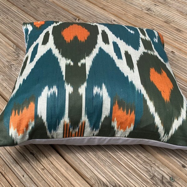 Ikat Cushion Cover, 45cm X 45cm, Turquoise Blue, deep apricot and deep green colours, ikat, Ikat Pillow, Ikat cushion, Ikat cushions UK