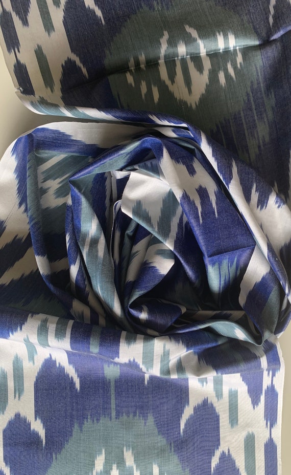 Silk IKAT Fabric: Blue Pattern Upholstery, By The Meter
