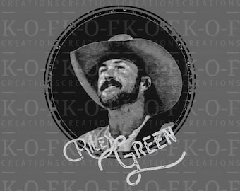 May include: A black and white image of a man wearing a cowboy hat. The man is looking up and smiling. The text "Riley Green" is written in a stylized font below the man's face.