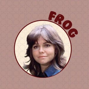 May include: A portrait of a woman with brown hair and a blue top, set within a circular frame. The word "FROG" is written in a dark red, stylized font above the frame, set against a patterned background.