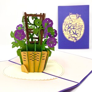 Tarjeta emergente hecha a mano 3D con enrejado trepador de flores de gloria de la mañana púrpura