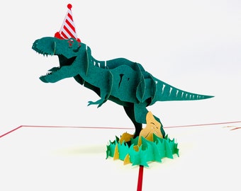 T Rex Dinosaur With Party Hat 3D Pop Up Funny Bithday Card