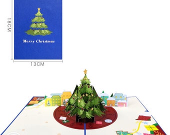 Merry Christmas Blue Cover Green Christmas Tree 3D Pop Up Card